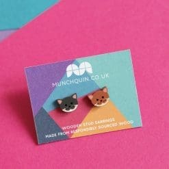 Cute mismatched cat - eco friendly wooden stud earrings