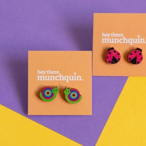 Rainbow snails - wooden stud earrings