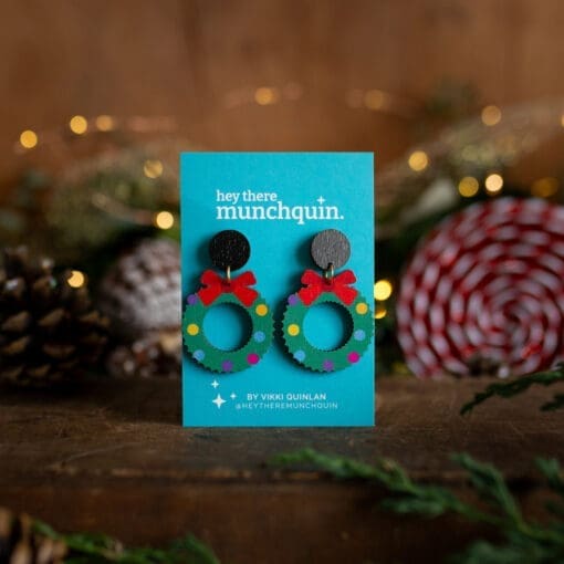 Wooden ‘Festive Wreath’ Christmas statement earrings