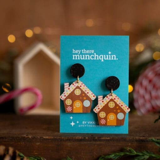 Wooden ‘Gingerbread House’ Christmas statement earrings