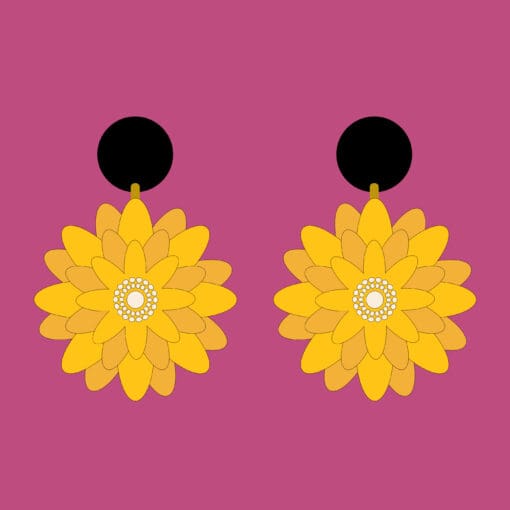 Bold yellow retro flower lightweight laser cut statement earrings