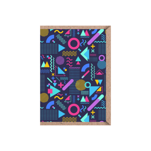 An A6 greeting card with an 80s style Memphis pattern on the front.