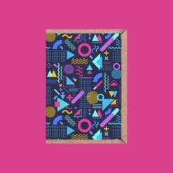 An A6 greeting card with an 80s style Memphis pattern on the front.