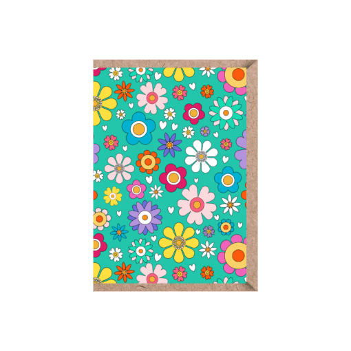 An A6 greeting card with a fun, retro floral pattern on the front.