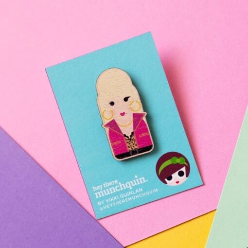 Eco-friendly wooden pin badge inspired by Dolly Parton