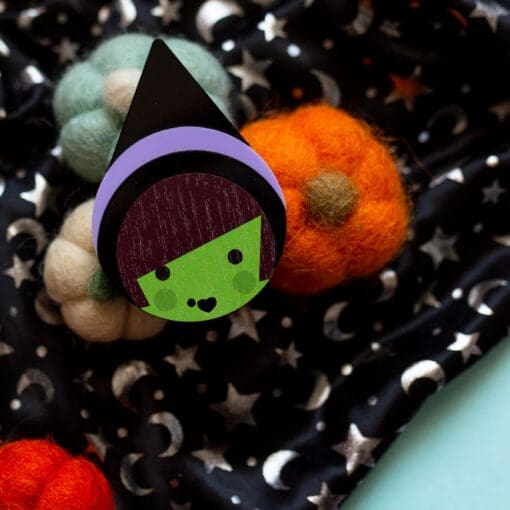 Winnie Witch cute acrylic and wood statement brooch