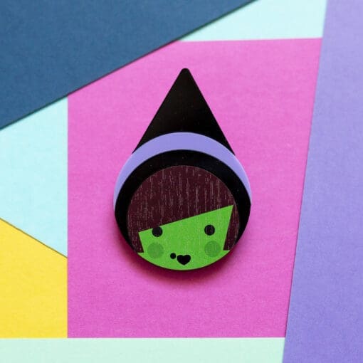 Winnie Witch cute acrylic and wood statement brooch