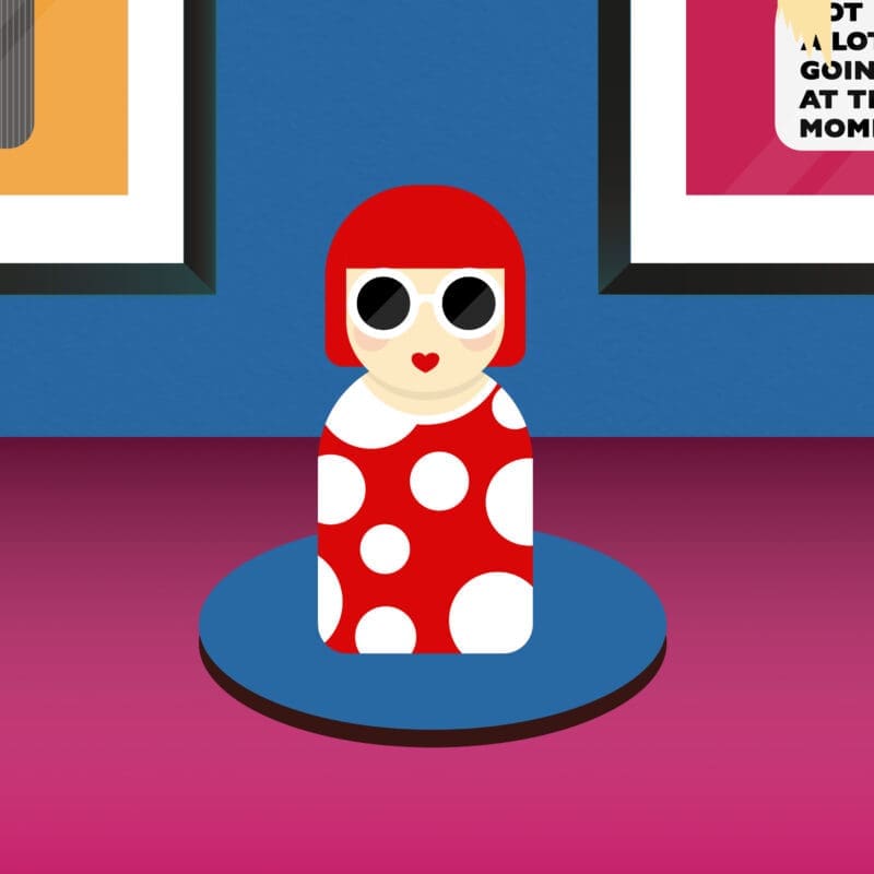 Wooden desk standee inspired by Yayoi Kusama